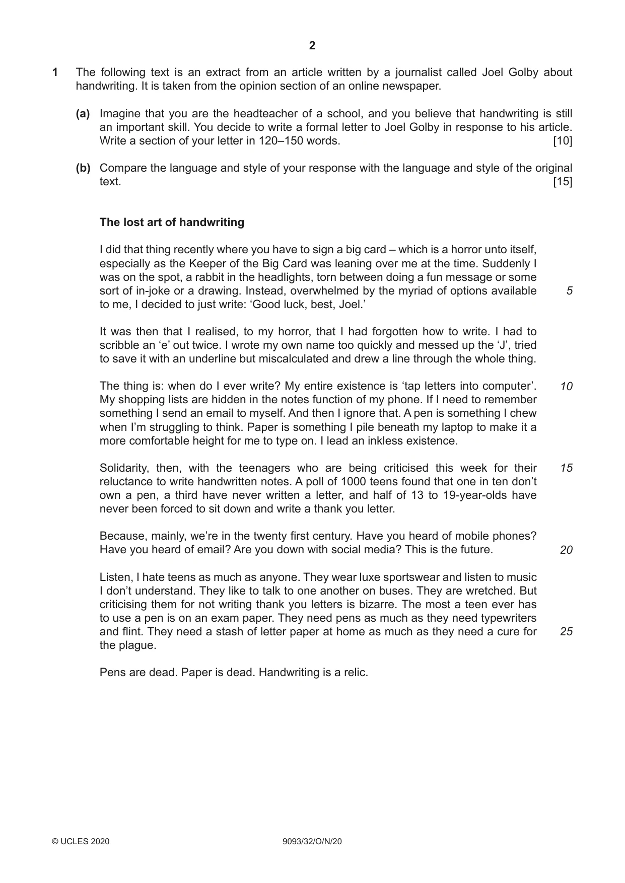 Cambridge A Level English - Language AS and A Level (from 2014) 9093 2020 Oct/Nov Paper 3 · Variant 2 question paper, page 2 of 8