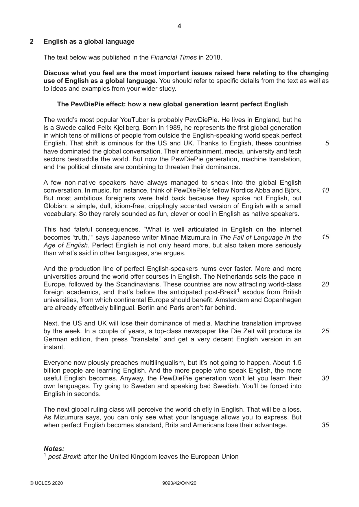 Cambridge A Level English - Language AS and A Level (from 2014) 9093 2020 Oct/Nov Paper 4 · Variant 2 question paper, page 4 of 8