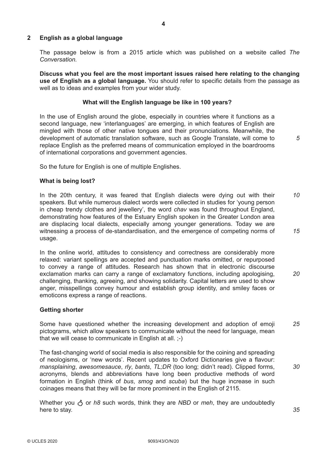 Cambridge A Level English - Language AS and A Level (from 2014) 9093 2020 Oct/Nov Paper 4 · Variant 3 question paper, page 4 of 8