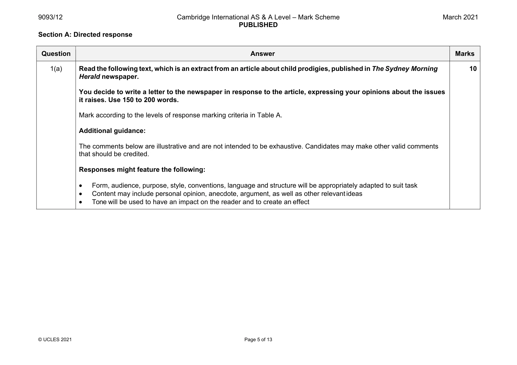 Mark scheme, page 5 of 13