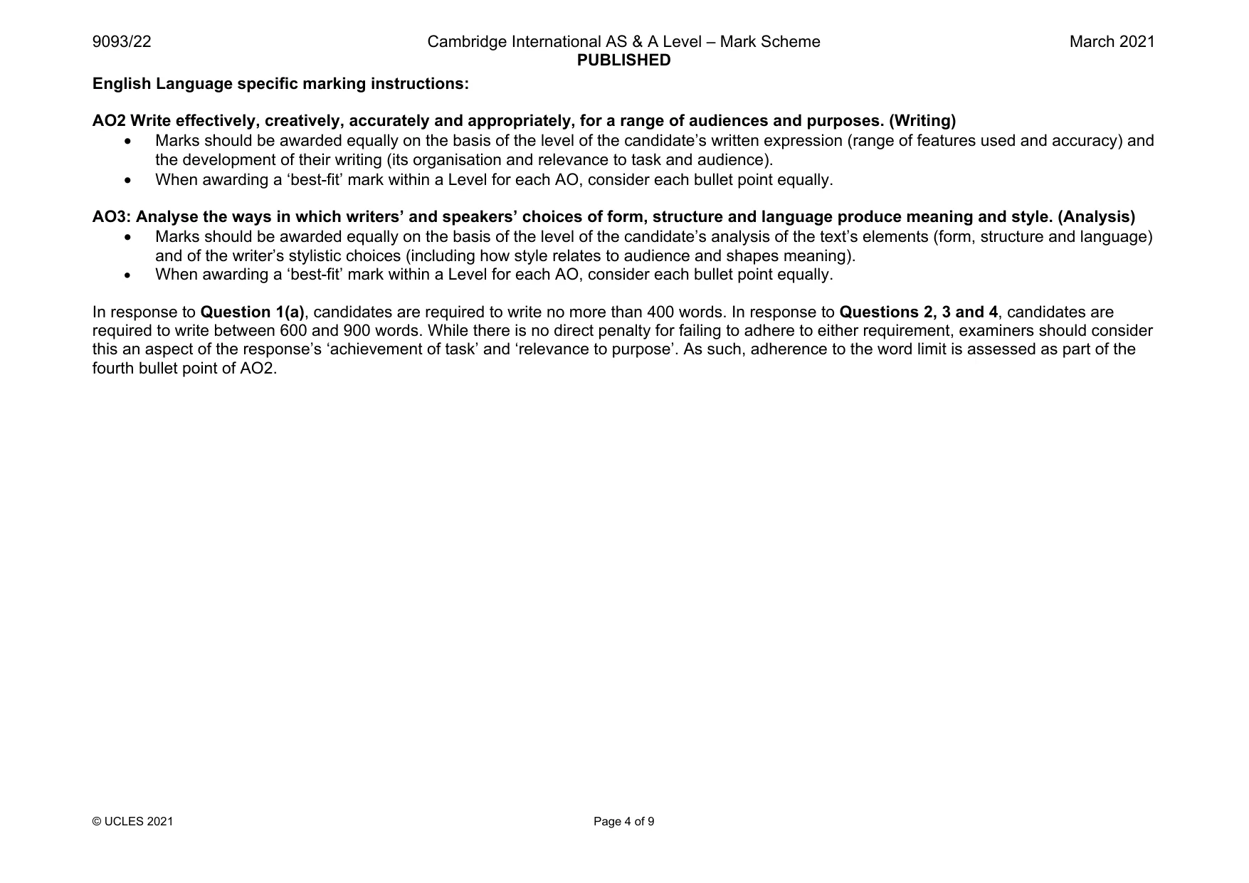 Mark scheme, page 4 of 9