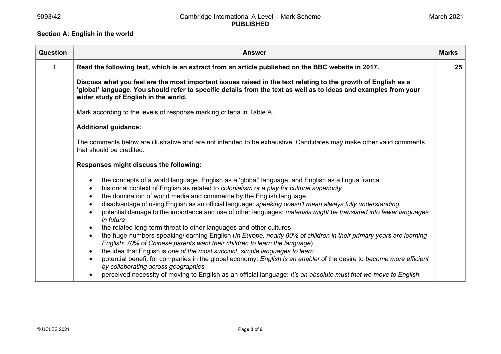Mark scheme, page 8 of 9