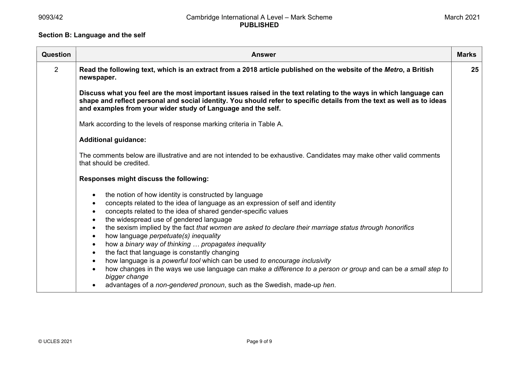 Mark scheme, page 9 of 9