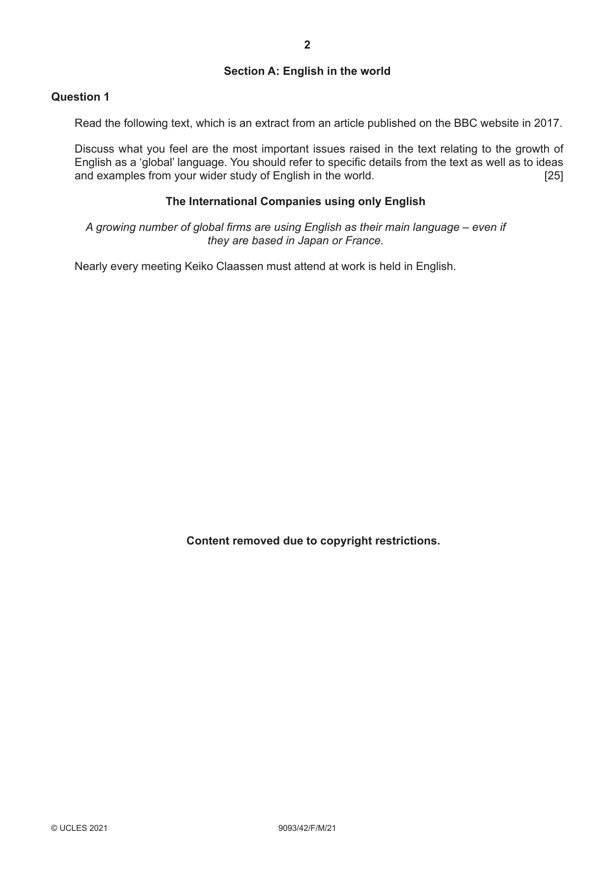 Cambridge A Level English - Language AS and A Level (from 2014) 9093 2021 Feb/March Paper 4 · Variant 2 question paper, page 2 of 8