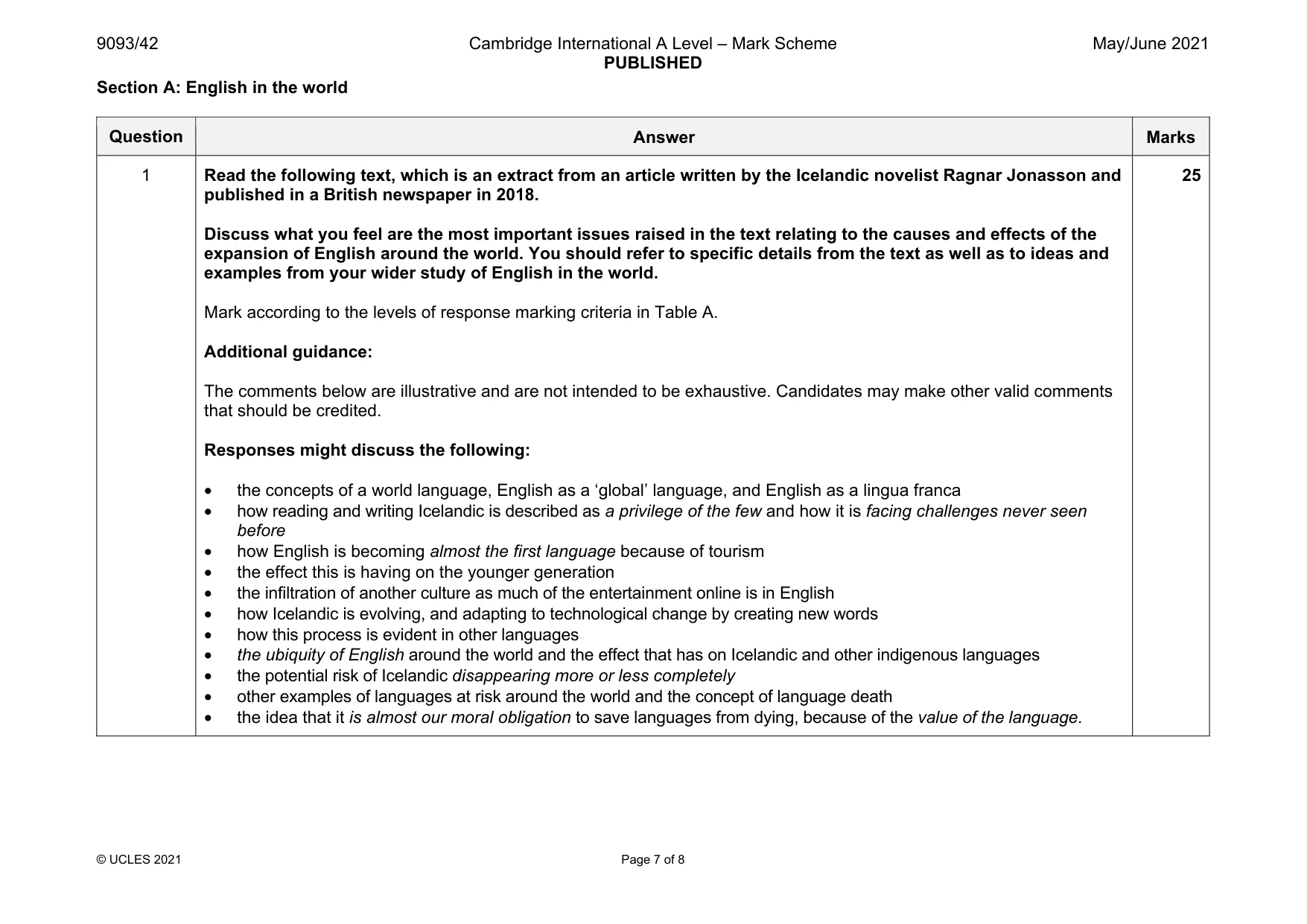 Mark scheme, page 7 of 8