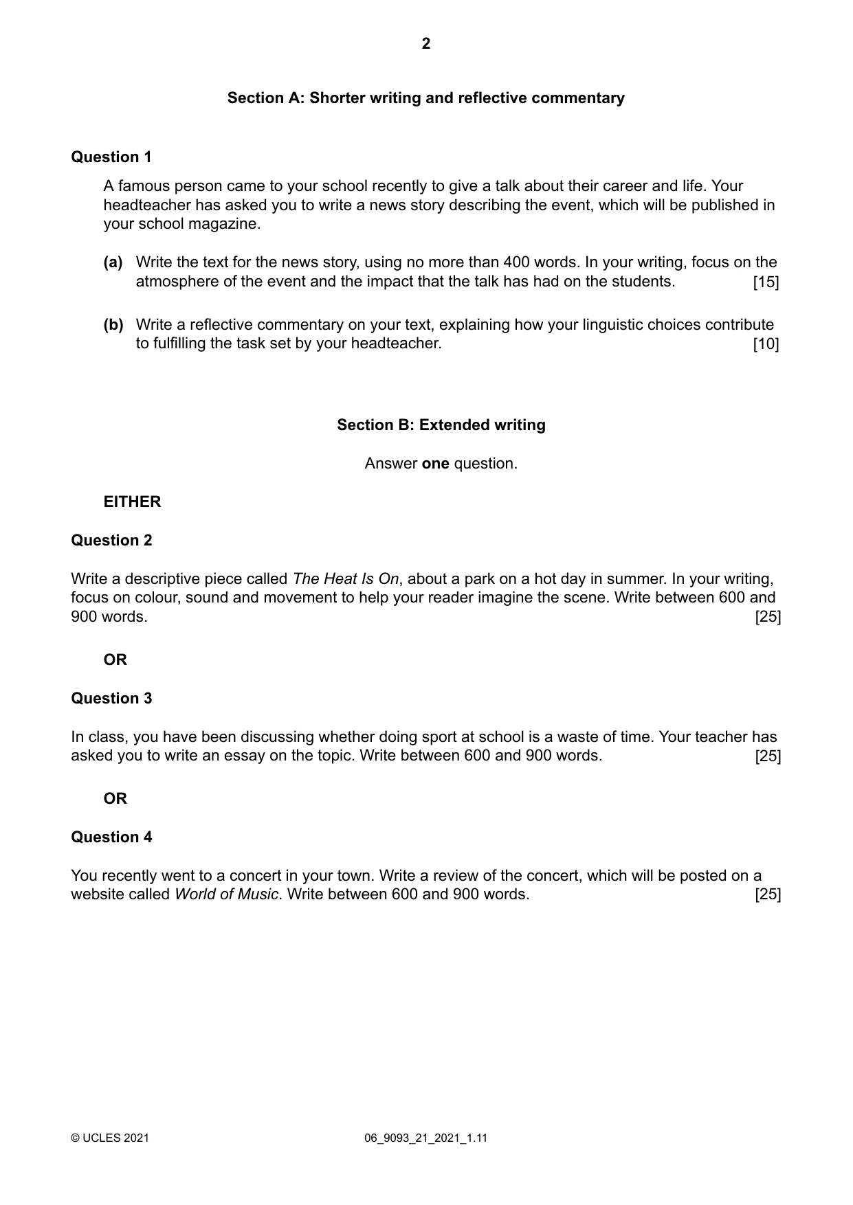 Cambridge A Level English - Language AS and A Level (from 2014) 9093 2021 May/June Paper 2 · Variant 1 question paper, page 2 of 4