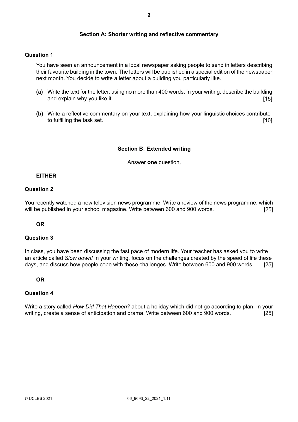Cambridge A Level English - Language AS and A Level (from 2014) 9093 2021 May/June Paper 2 · Variant 2 question paper, page 2 of 4
