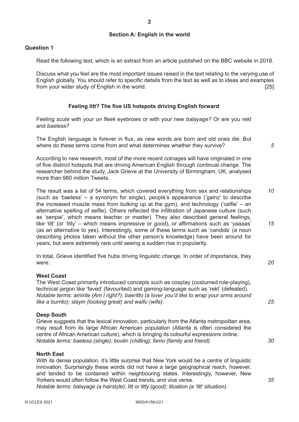 Cambridge A Level English - Language AS and A Level (from 2014) 9093 2021 May/June Paper 4 · Variant 1 question paper, page 2 of 8