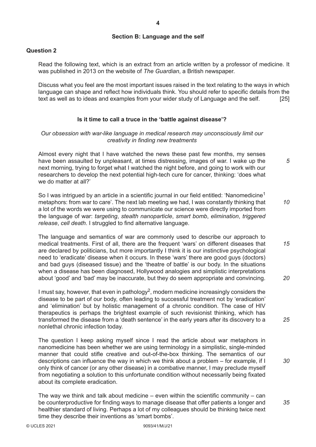Cambridge A Level English - Language AS and A Level (from 2014) 9093 2021 May/June Paper 4 · Variant 1 question paper, page 4 of 8
