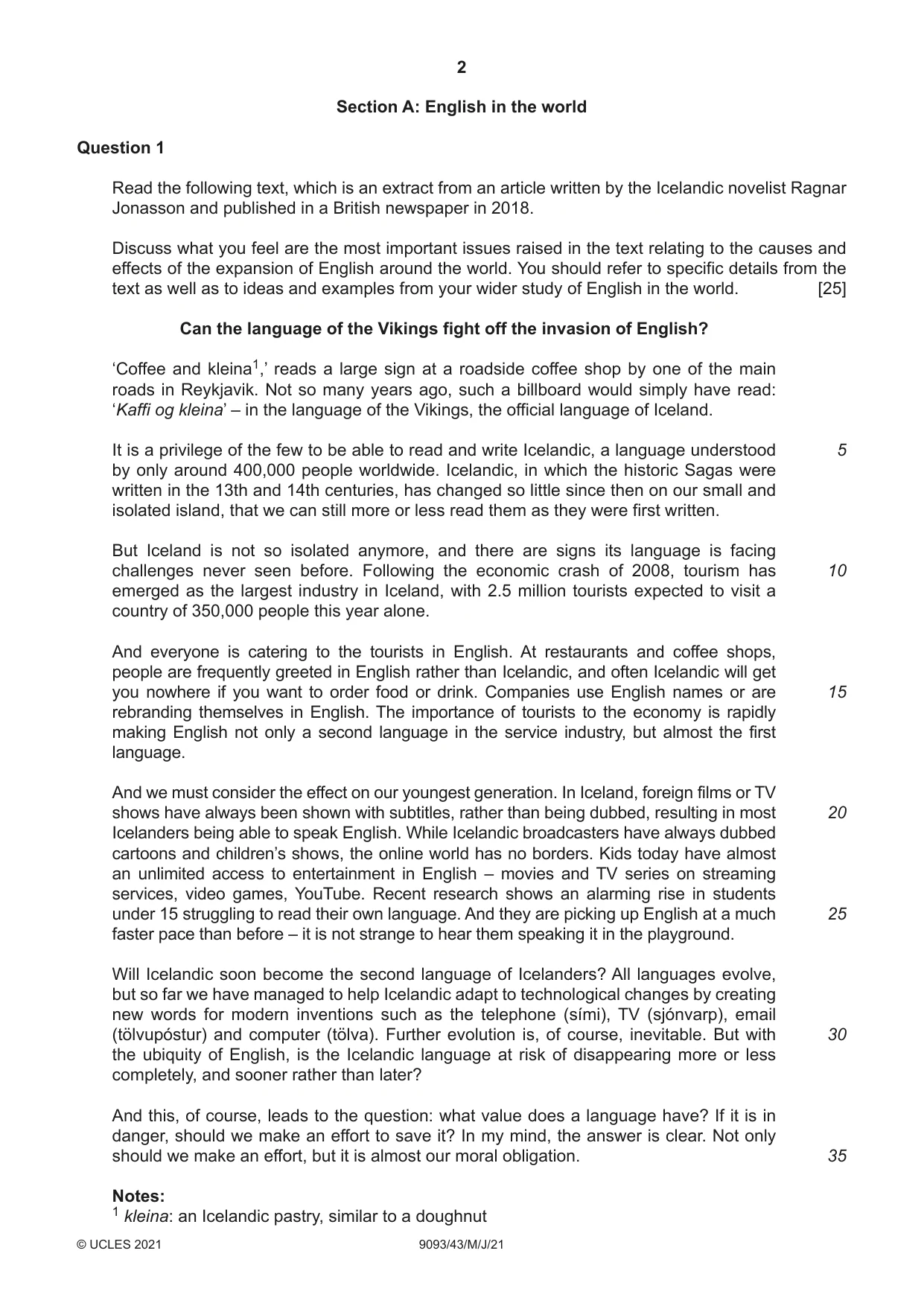 Cambridge A Level English - Language AS and A Level (from 2014) 9093 2021 May/June Paper 4 · Variant 3 question paper, page 2 of 4