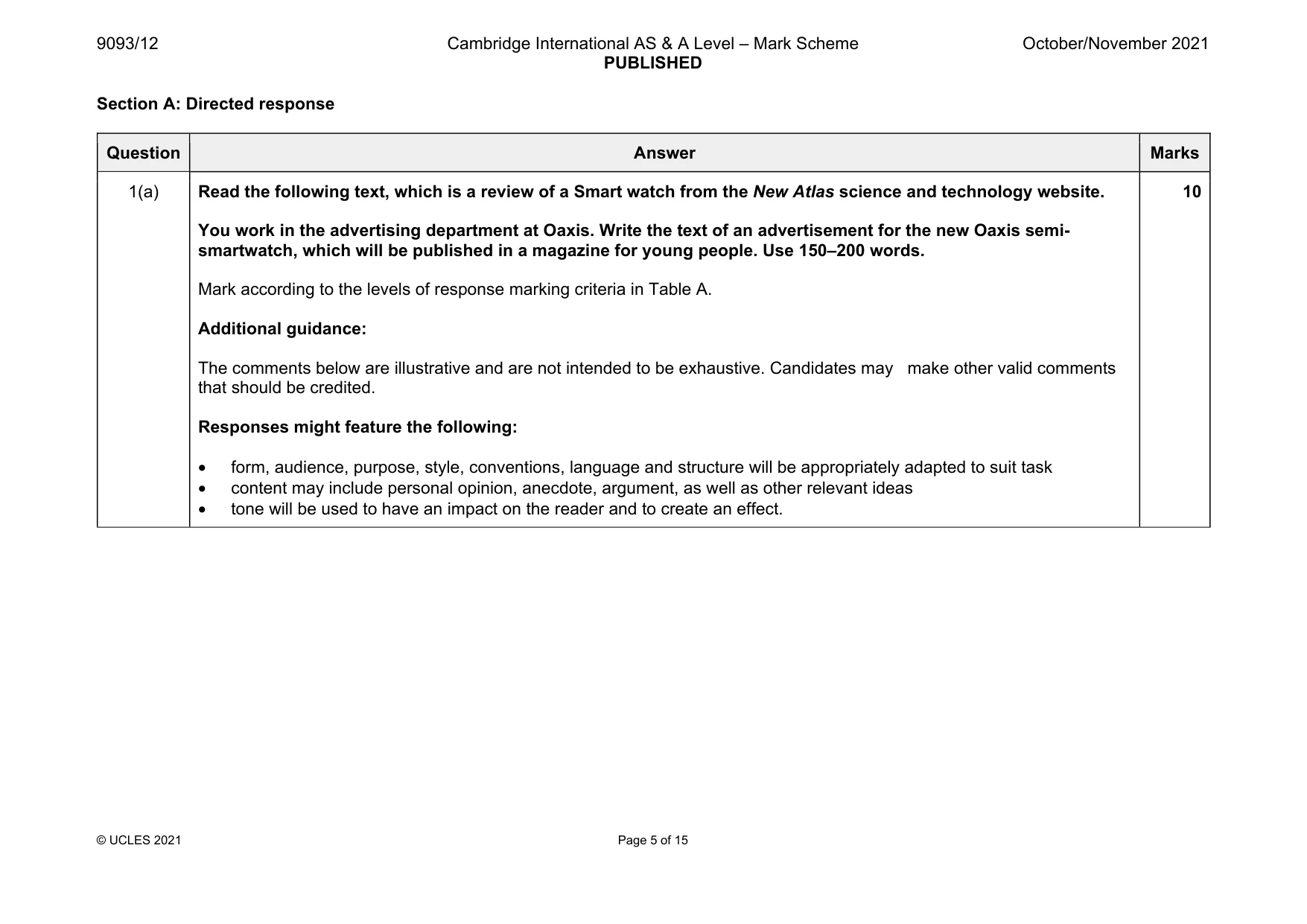Mark scheme, page 5 of 15