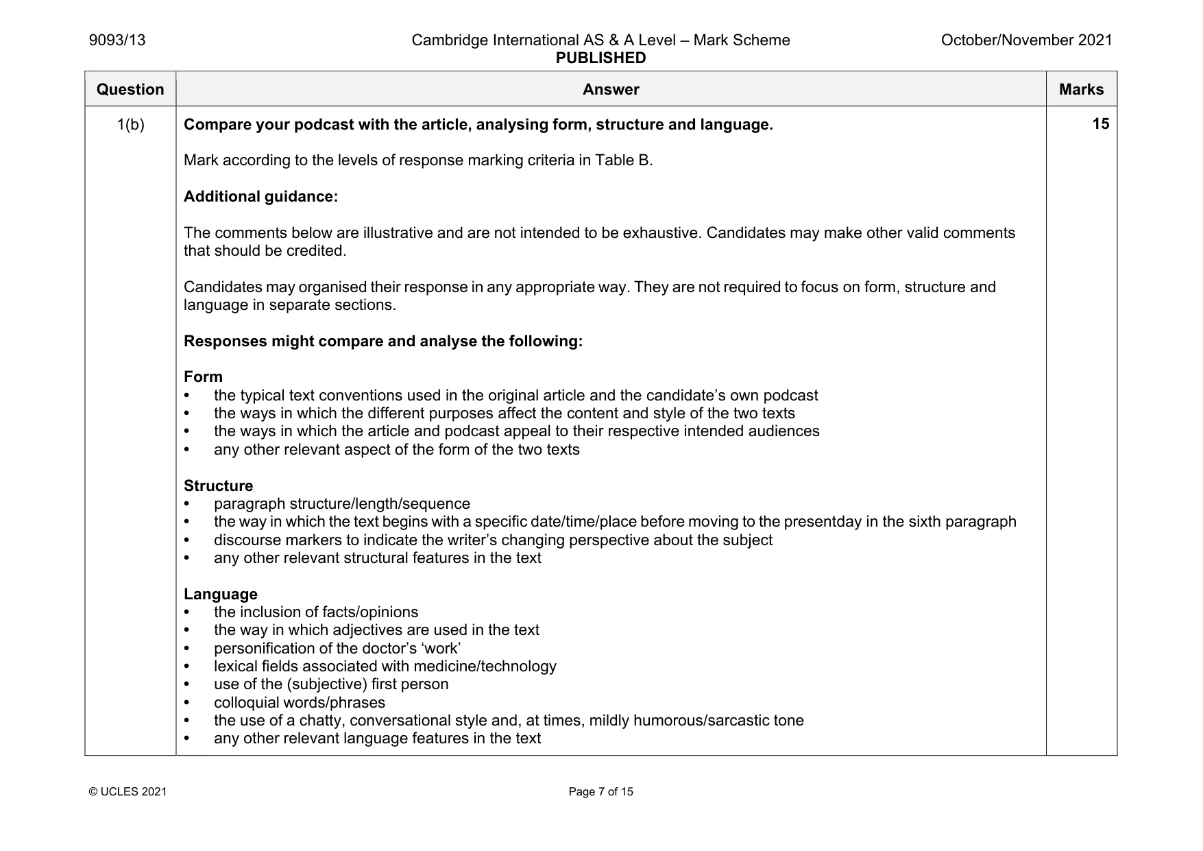 Mark scheme, page 7 of 15