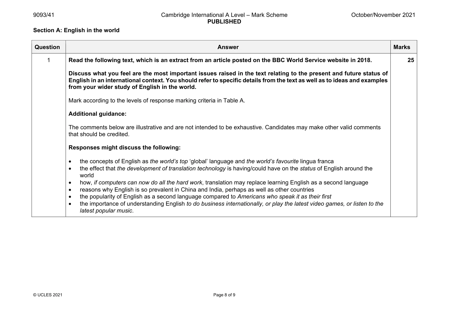 Mark scheme, page 8 of 9