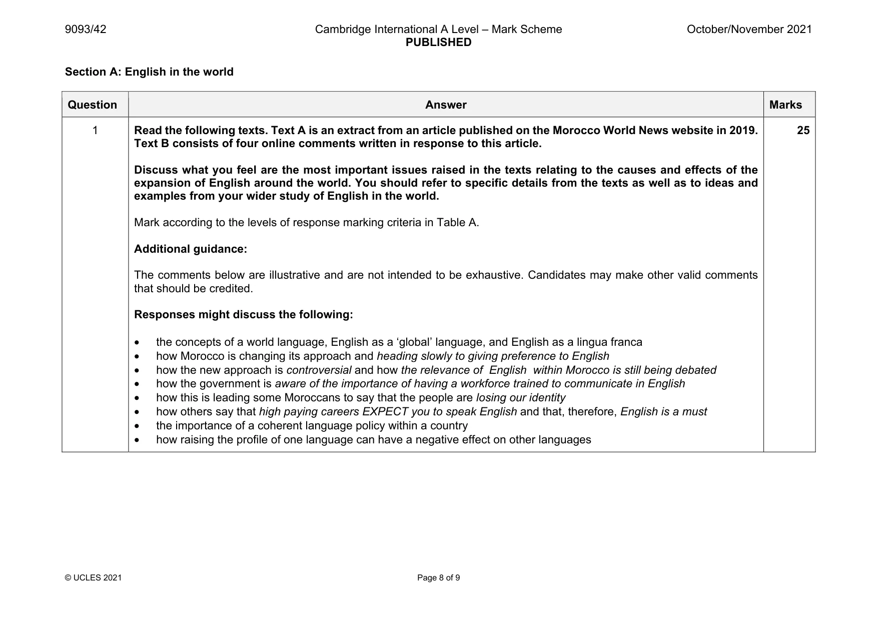Mark scheme, page 8 of 9