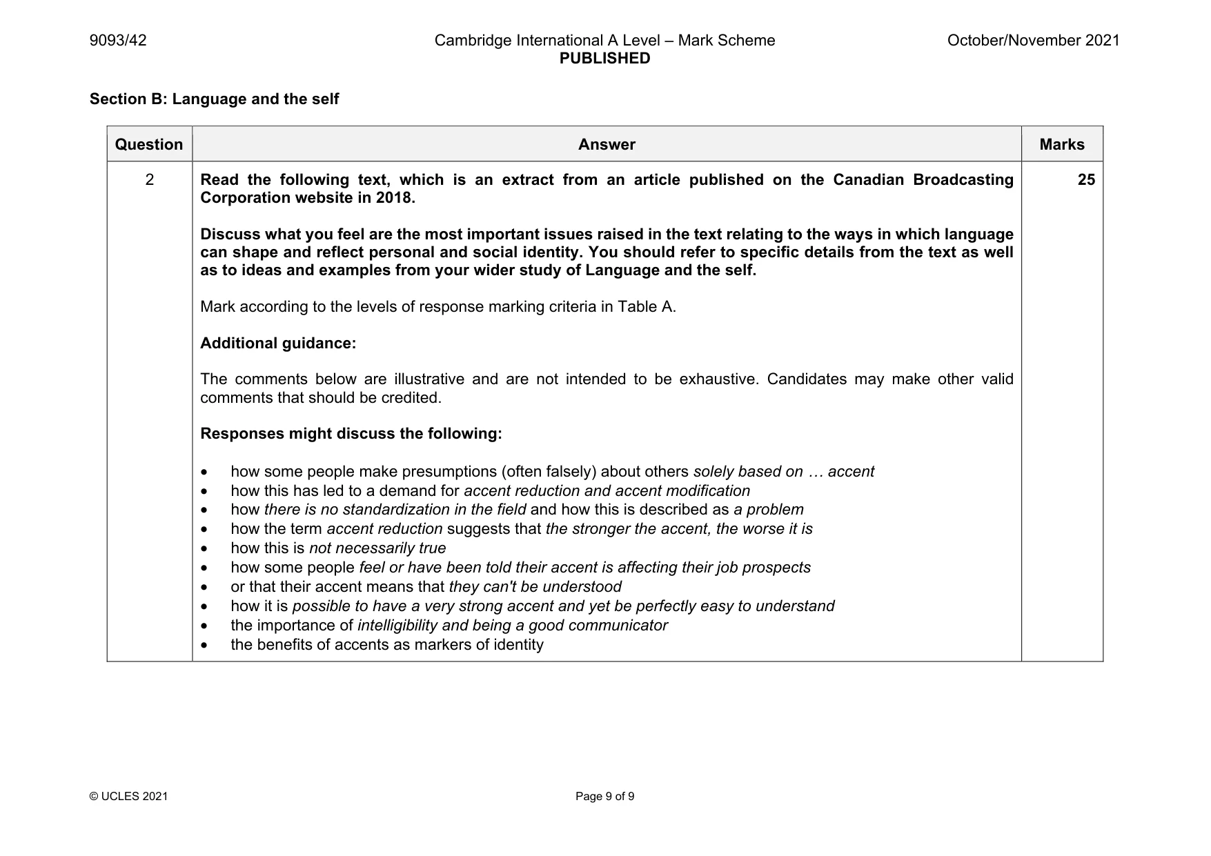 Mark scheme, page 9 of 9