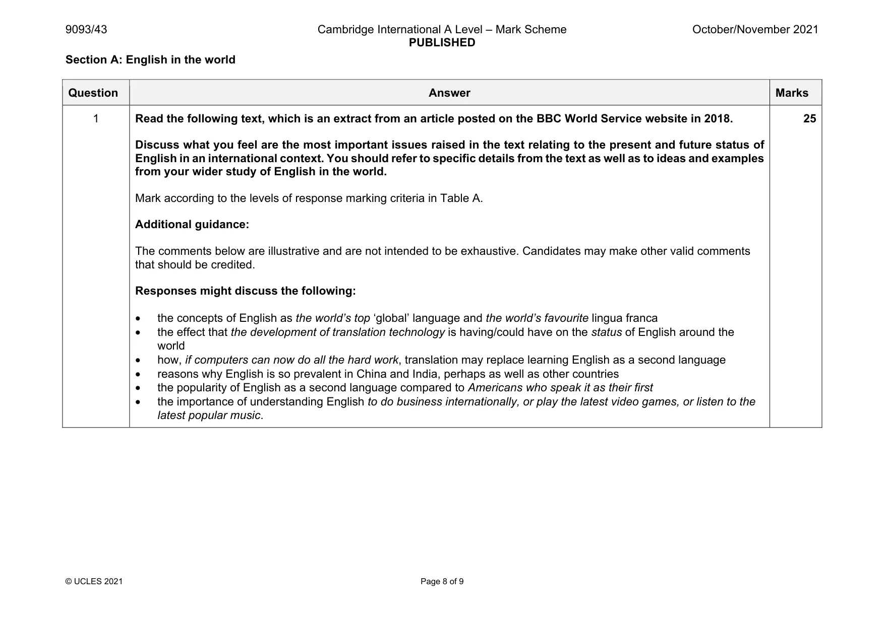 Mark scheme, page 8 of 9