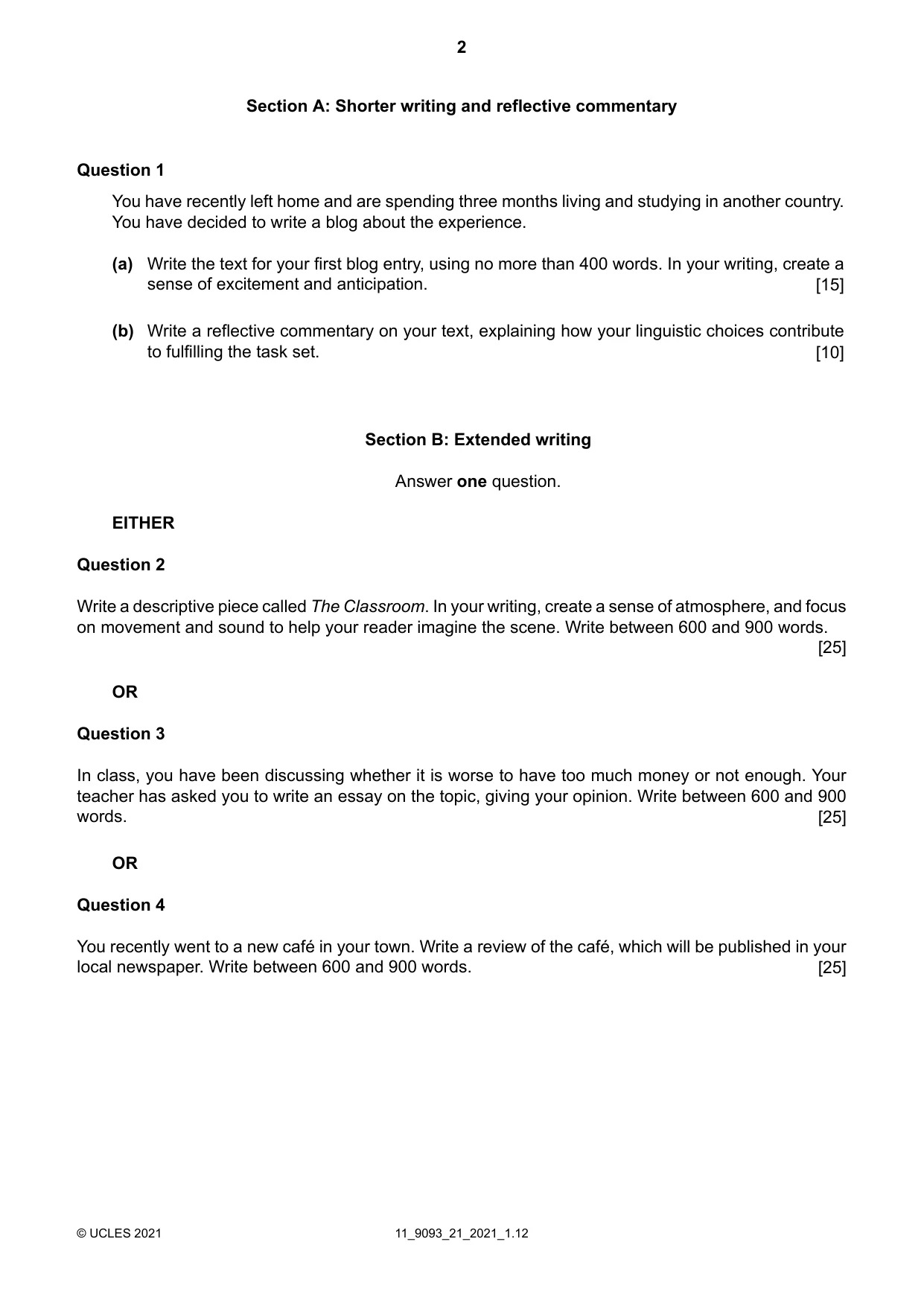 Cambridge A Level English - Language AS and A Level (from 2014) 9093 2021 Oct/Nov Paper 2 · Variant 1 question paper, page 2 of 4