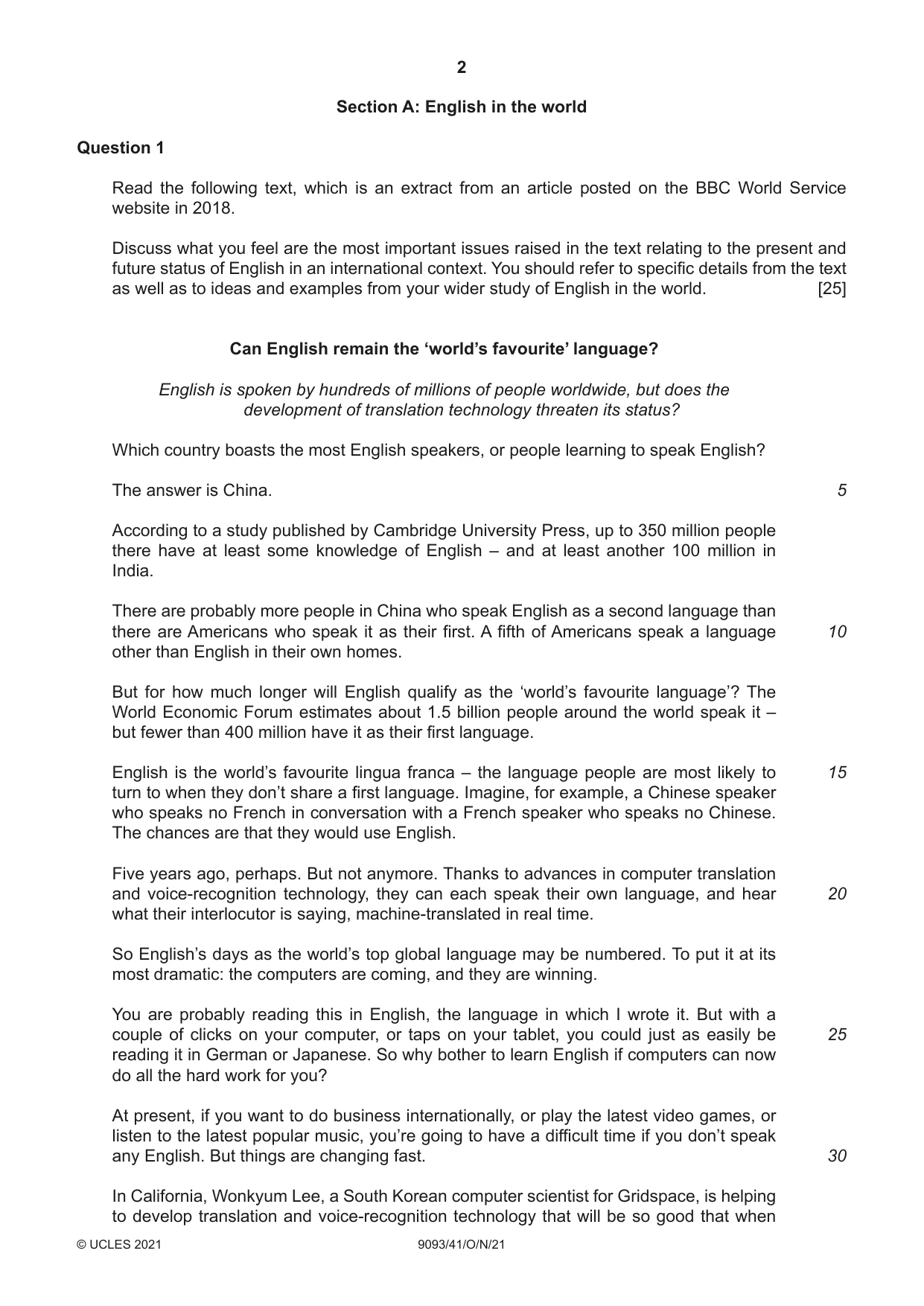 Cambridge A Level English - Language AS and A Level (from 2014) 9093 2021 Oct/Nov Paper 4 · Variant 1 question paper, page 2 of 8