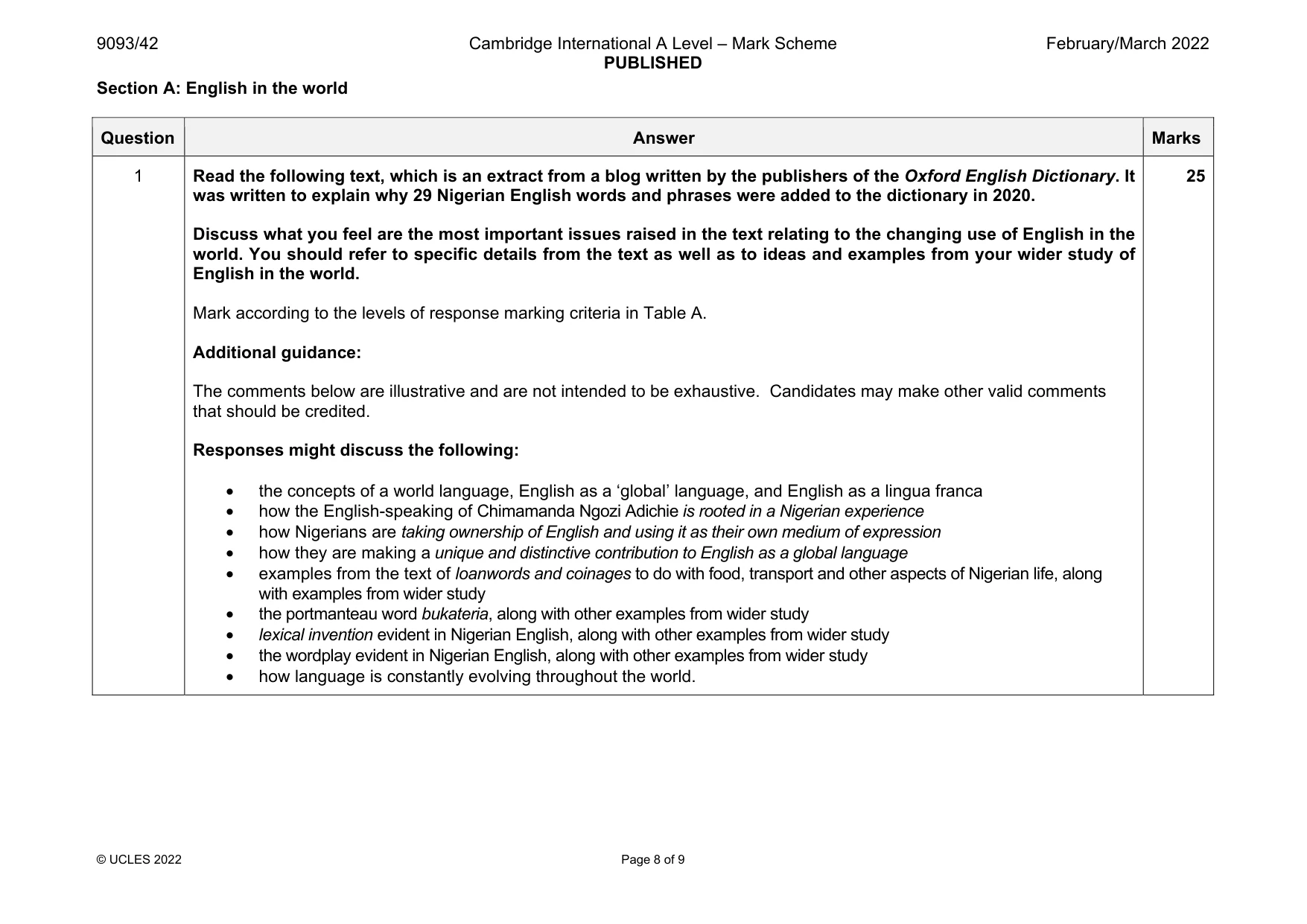 Mark scheme, page 8 of 9