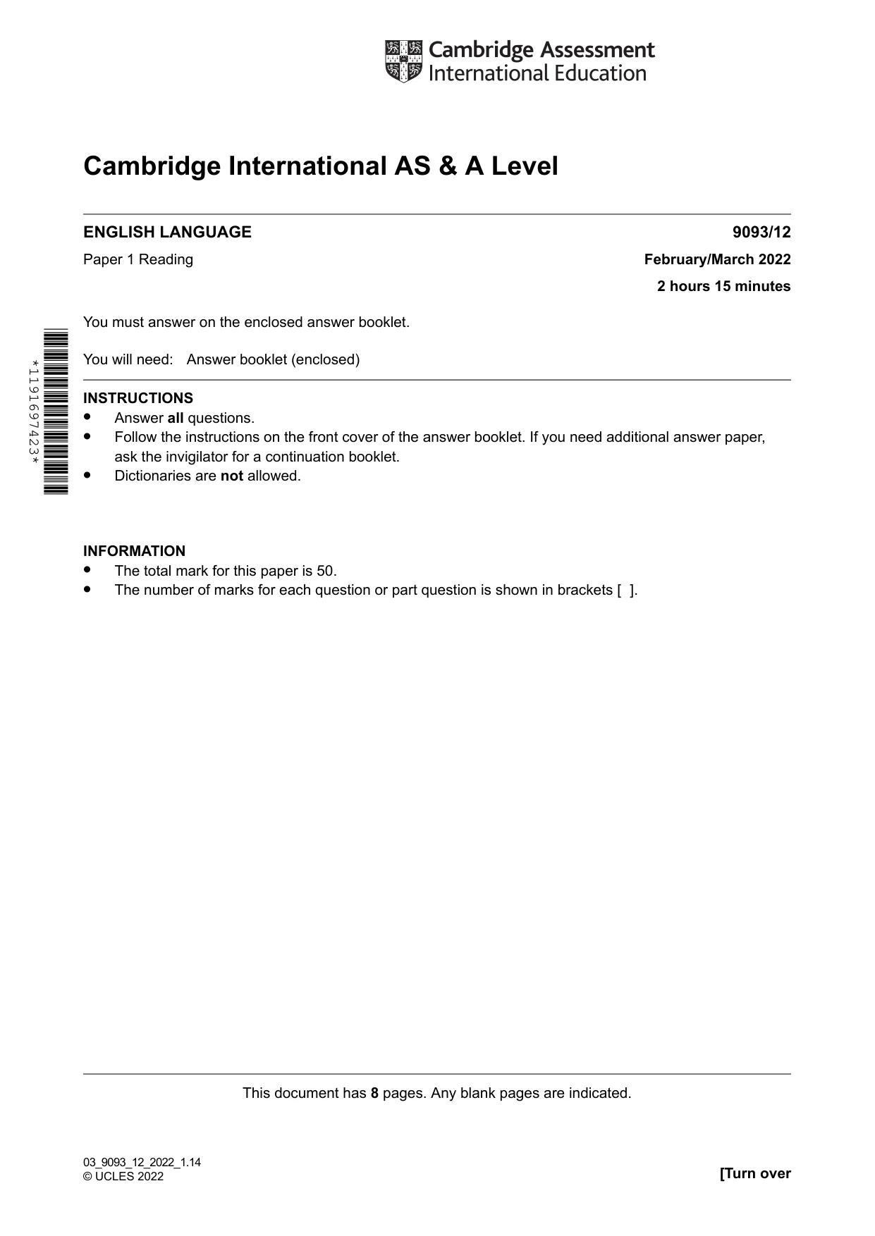 Cambridge A Level English - Language AS and A Level (from 2014) 9093 2022 Feb/March Paper 1 · Variant 2 question paper, page 1 of 8