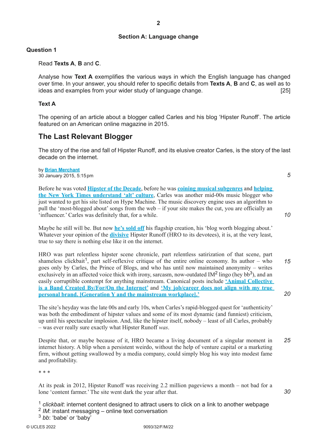Cambridge A Level English - Language AS and A Level (from 2014) 9093 2022 Feb/March Paper 3 · Variant 2 question paper, page 2 of 8