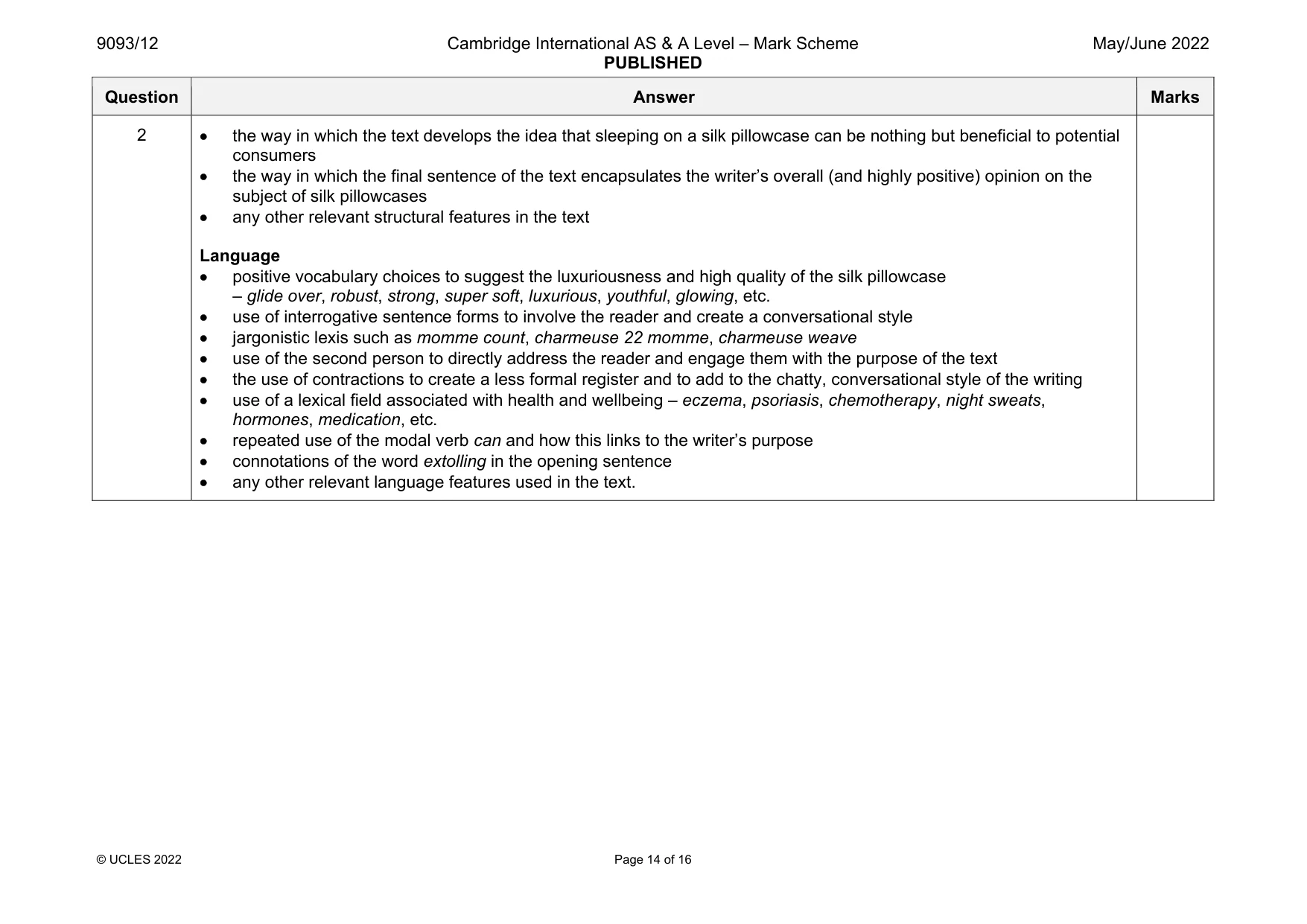 Mark scheme, page 14 of 16