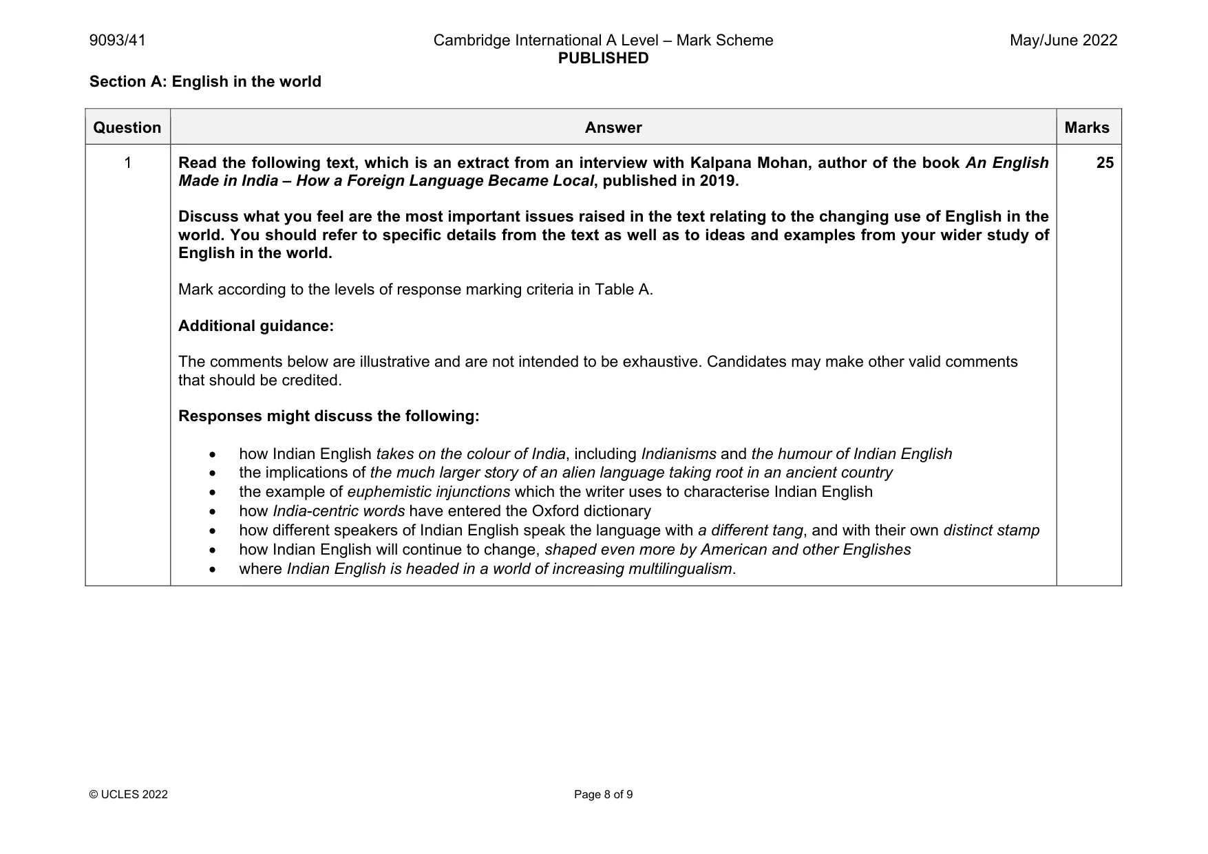 Mark scheme, page 8 of 9