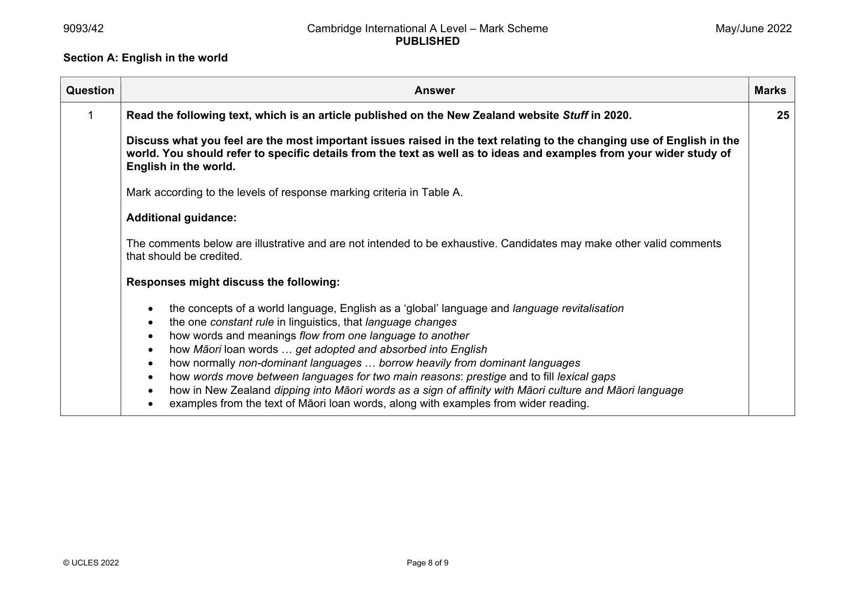 Mark scheme, page 8 of 9