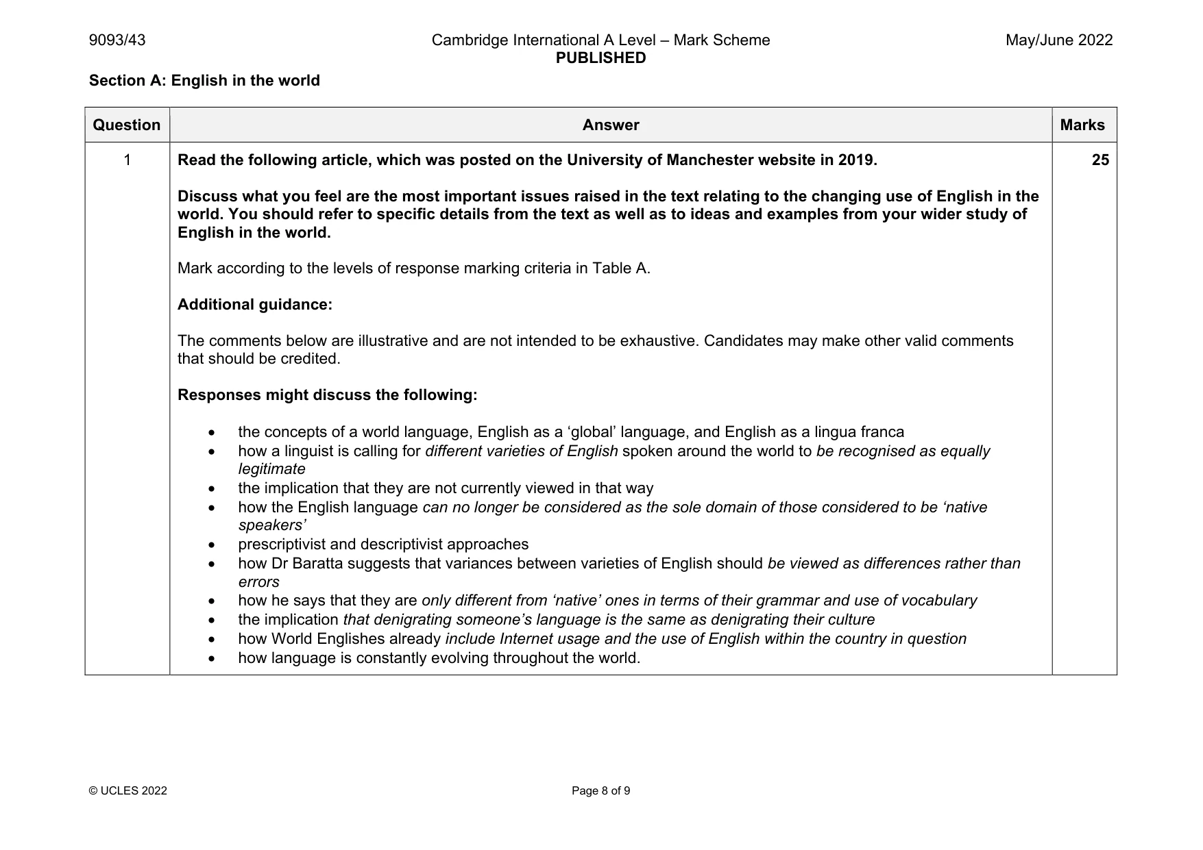 Mark scheme, page 8 of 9