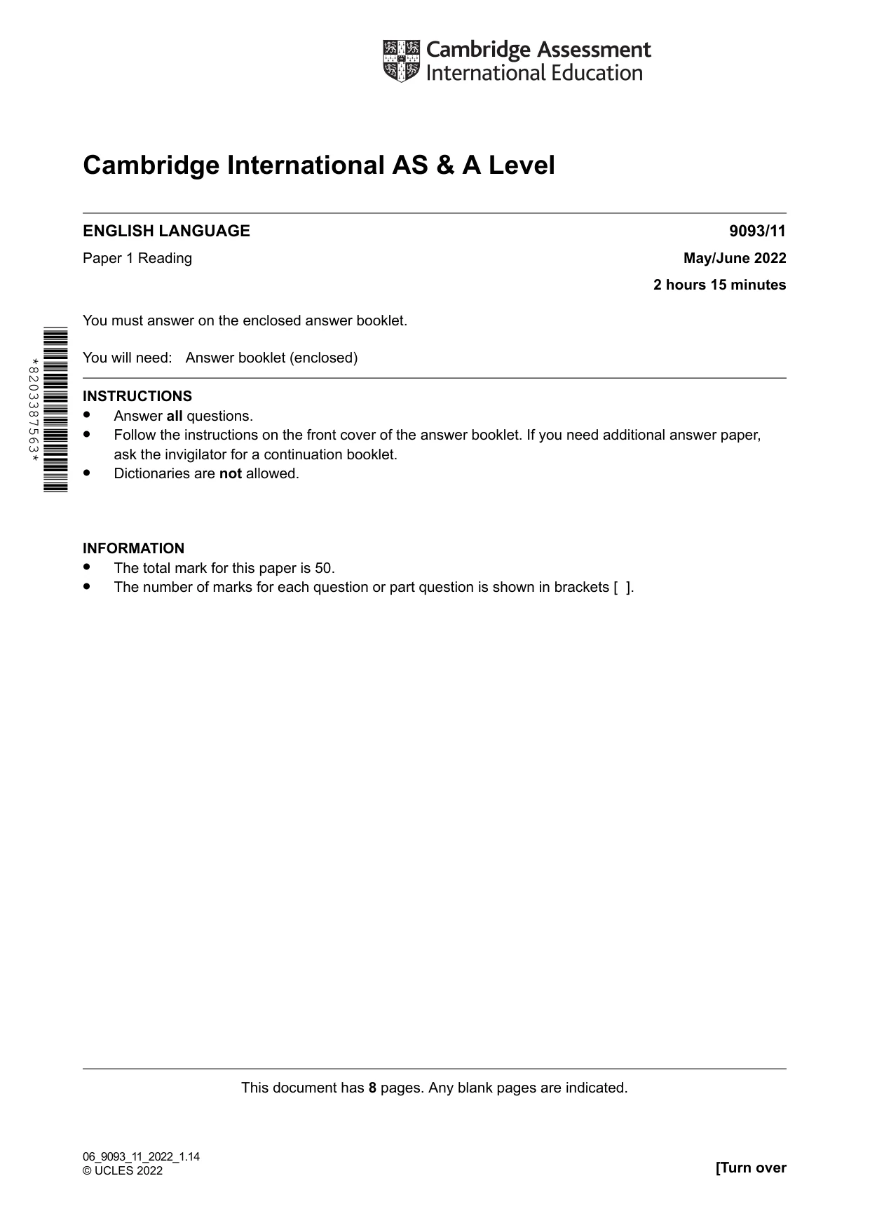 Cambridge A Level English - Language AS and A Level (from 2014) 9093 2022 May/June Paper 1 · Variant 1 question paper, page 1 of 8