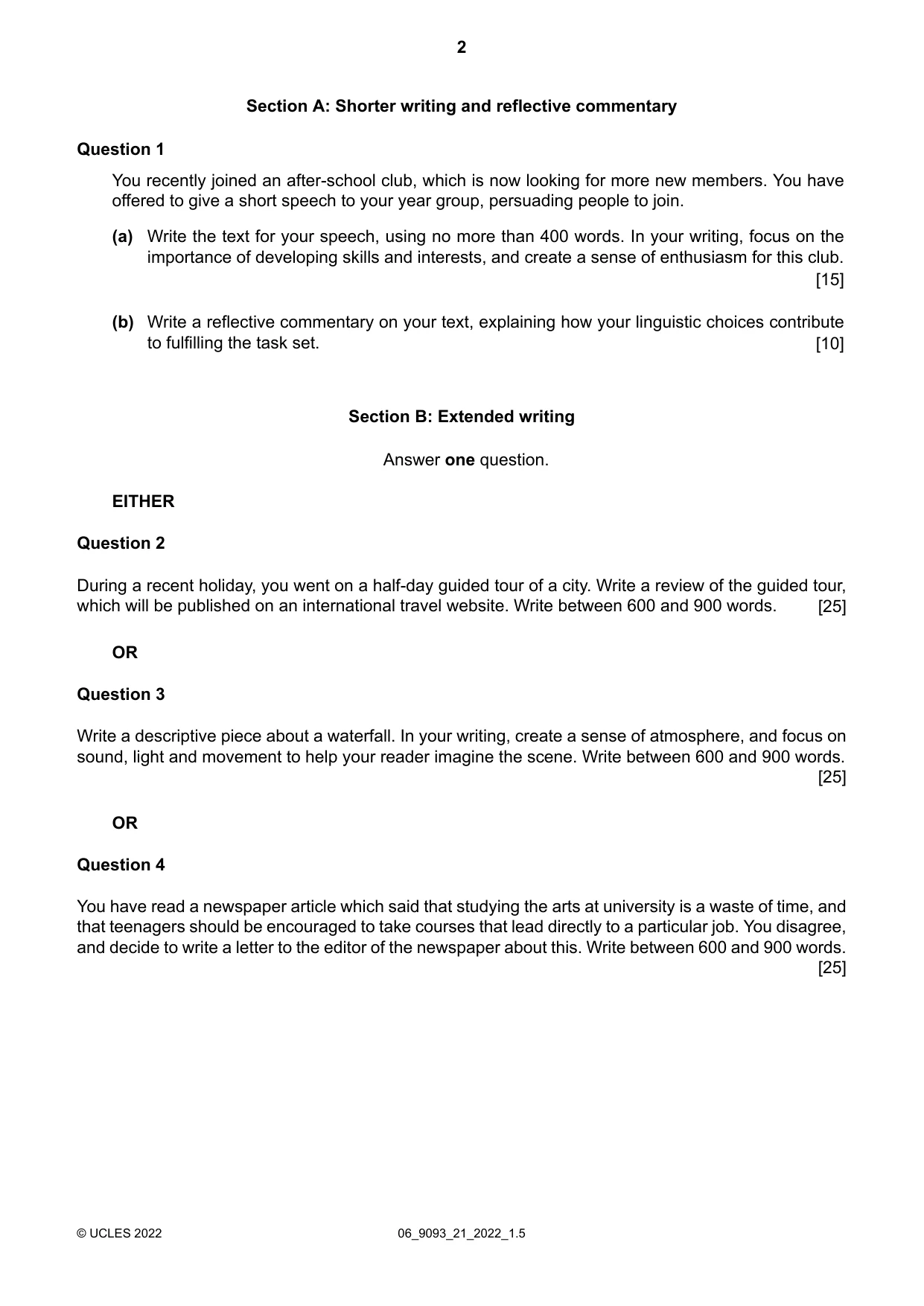 Cambridge A Level English - Language AS and A Level (from 2014) 9093 2022 May/June Paper 2 · Variant 1 question paper, page 2 of 4
