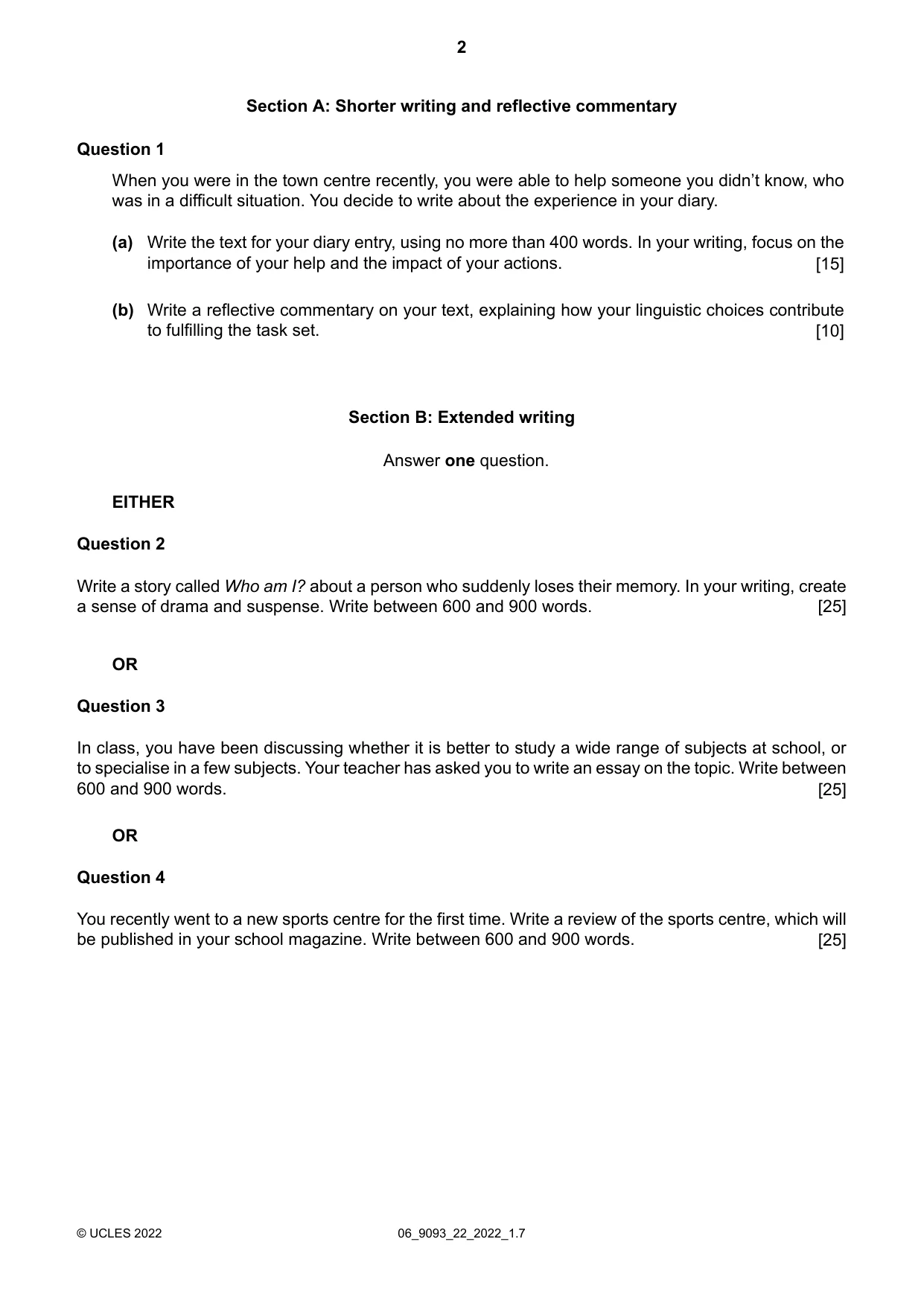 Cambridge A Level English - Language AS and A Level (from 2014) 9093 2022 May/June Paper 2 · Variant 2 question paper, page 2 of 4