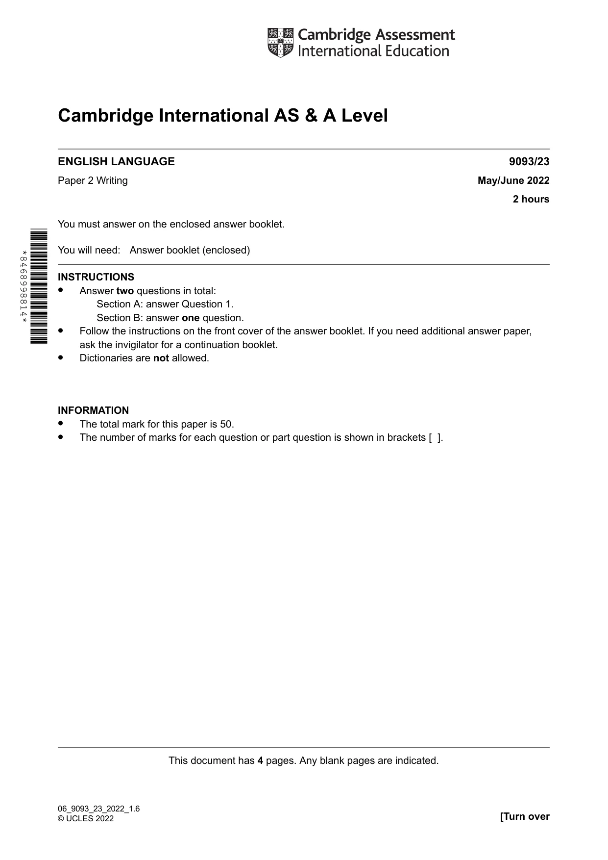 Cambridge A Level English - Language AS and A Level (from 2014) 9093 2022 May/June Paper 2 · Variant 3 question paper, page 1 of 4