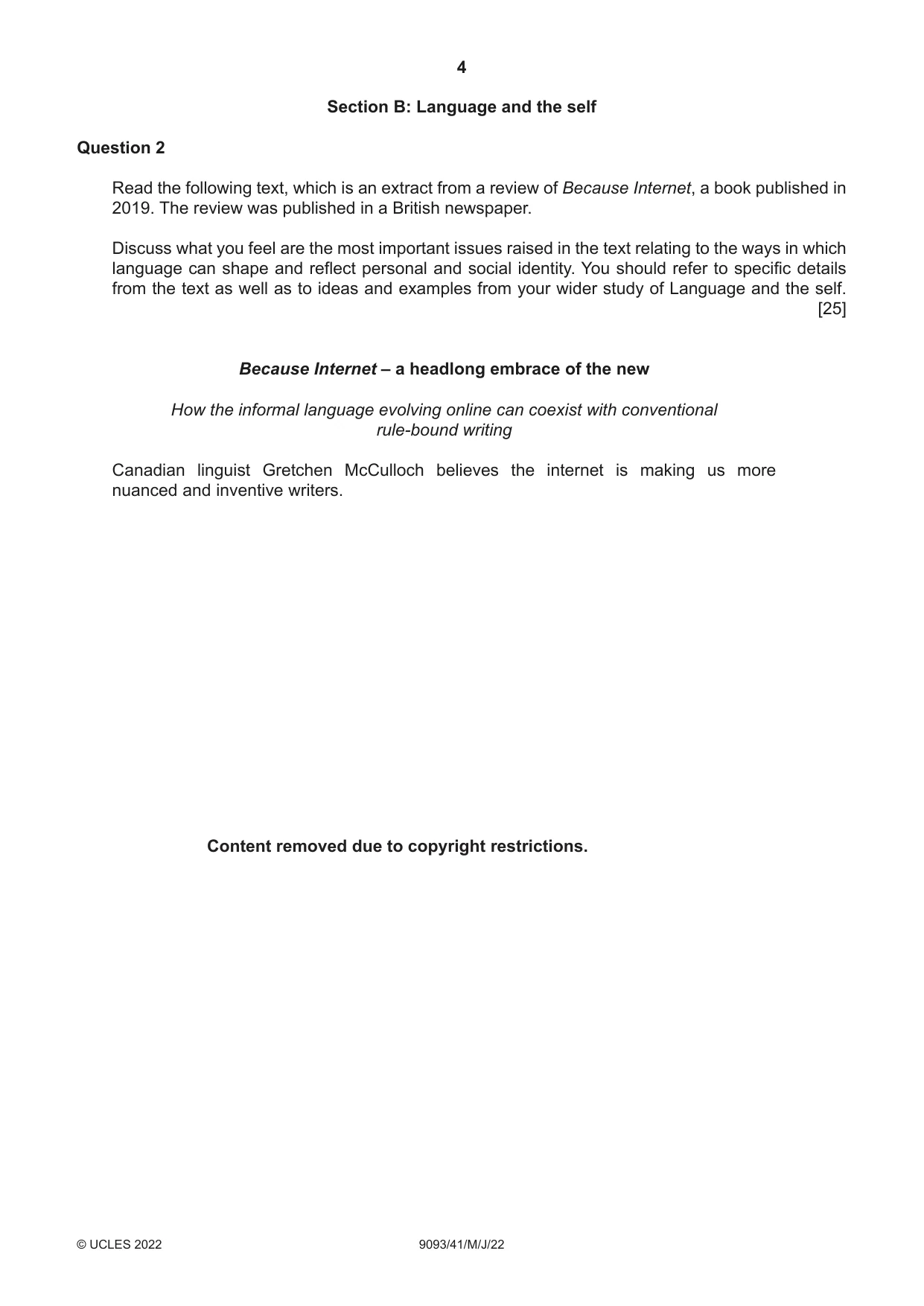 Cambridge A Level English - Language AS and A Level (from 2014) 9093 2022 May/June Paper 4 · Variant 1 question paper, page 4 of 8