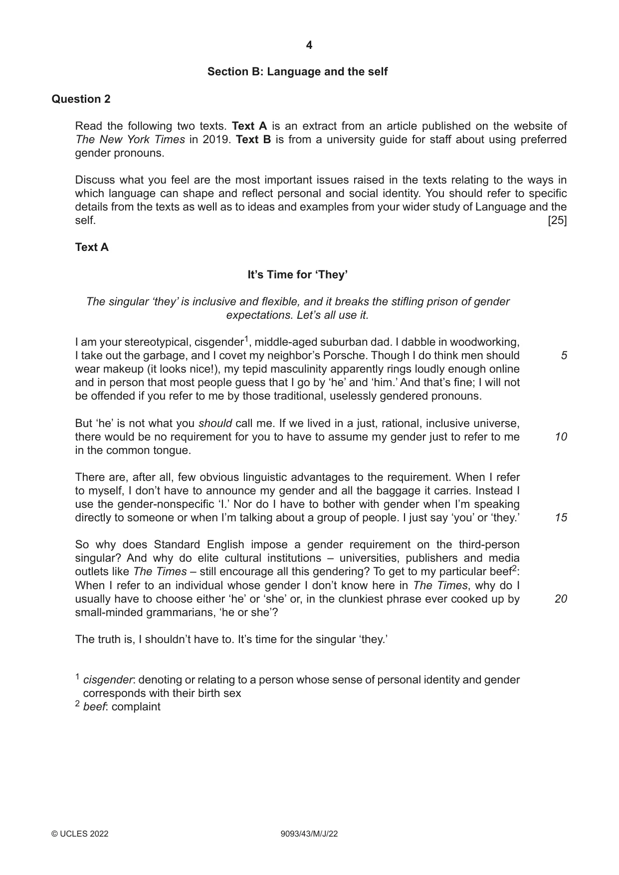 Cambridge A Level English - Language AS and A Level (from 2014) 9093 2022 May/June Paper 4 · Variant 3 question paper, page 4 of 8