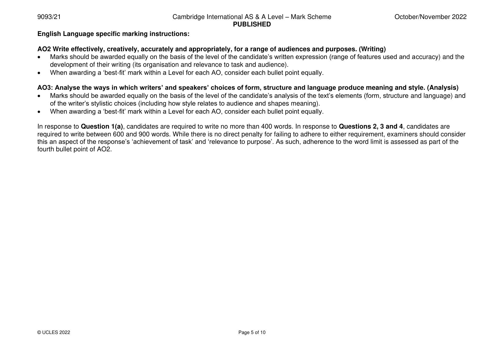 Mark scheme, page 5 of 10