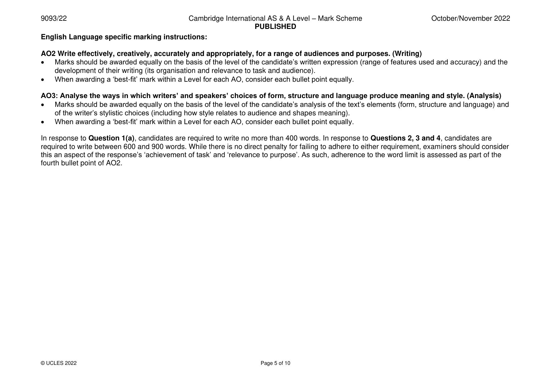 Mark scheme, page 5 of 10