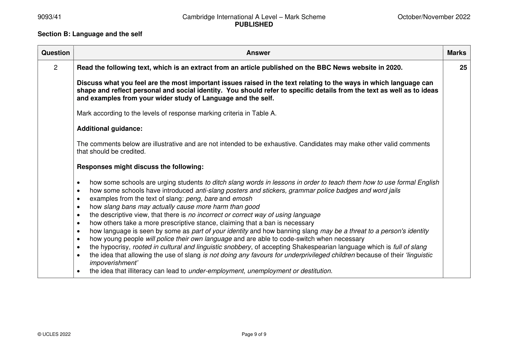 Mark scheme, page 9 of 9