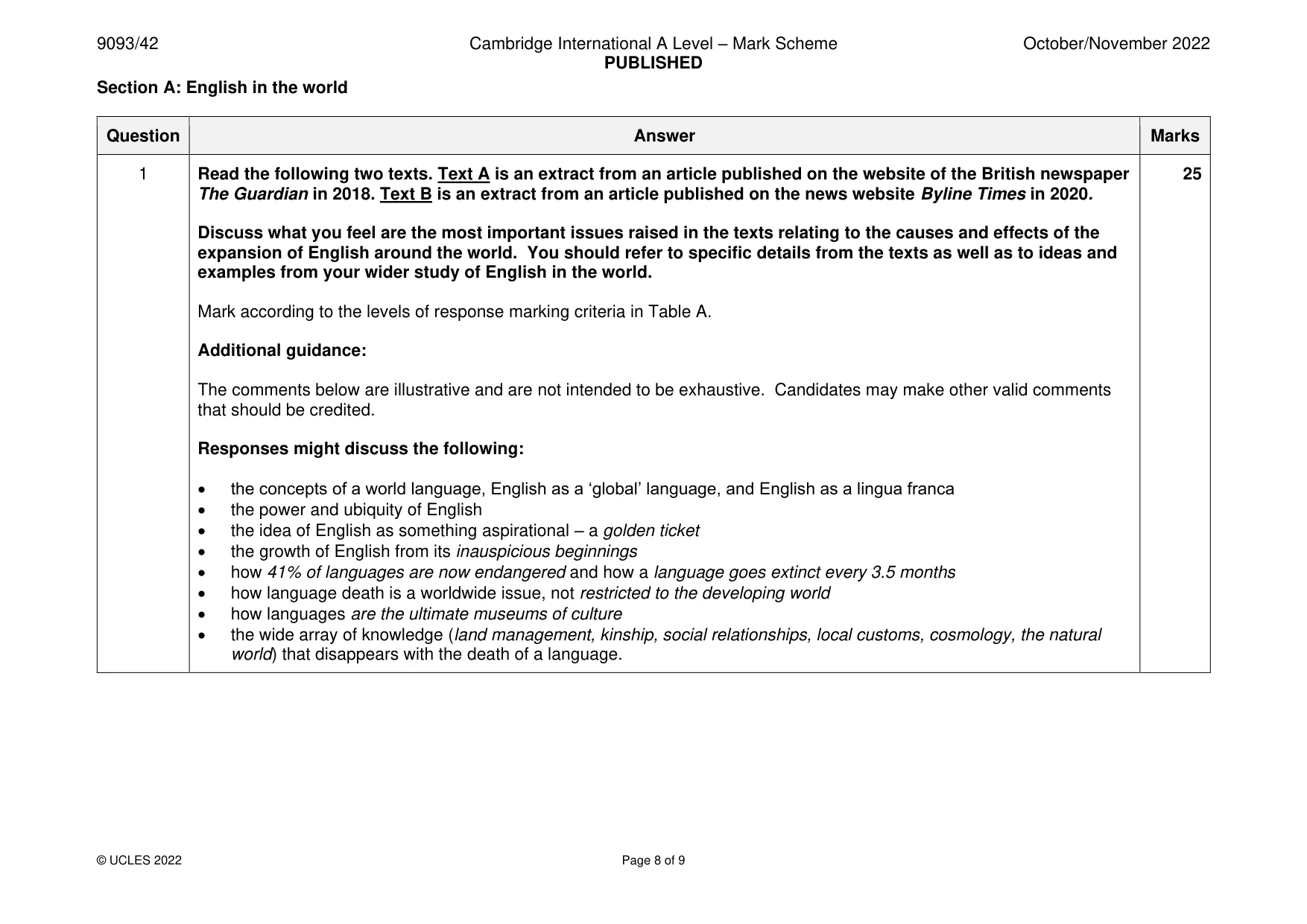 Mark scheme, page 8 of 9