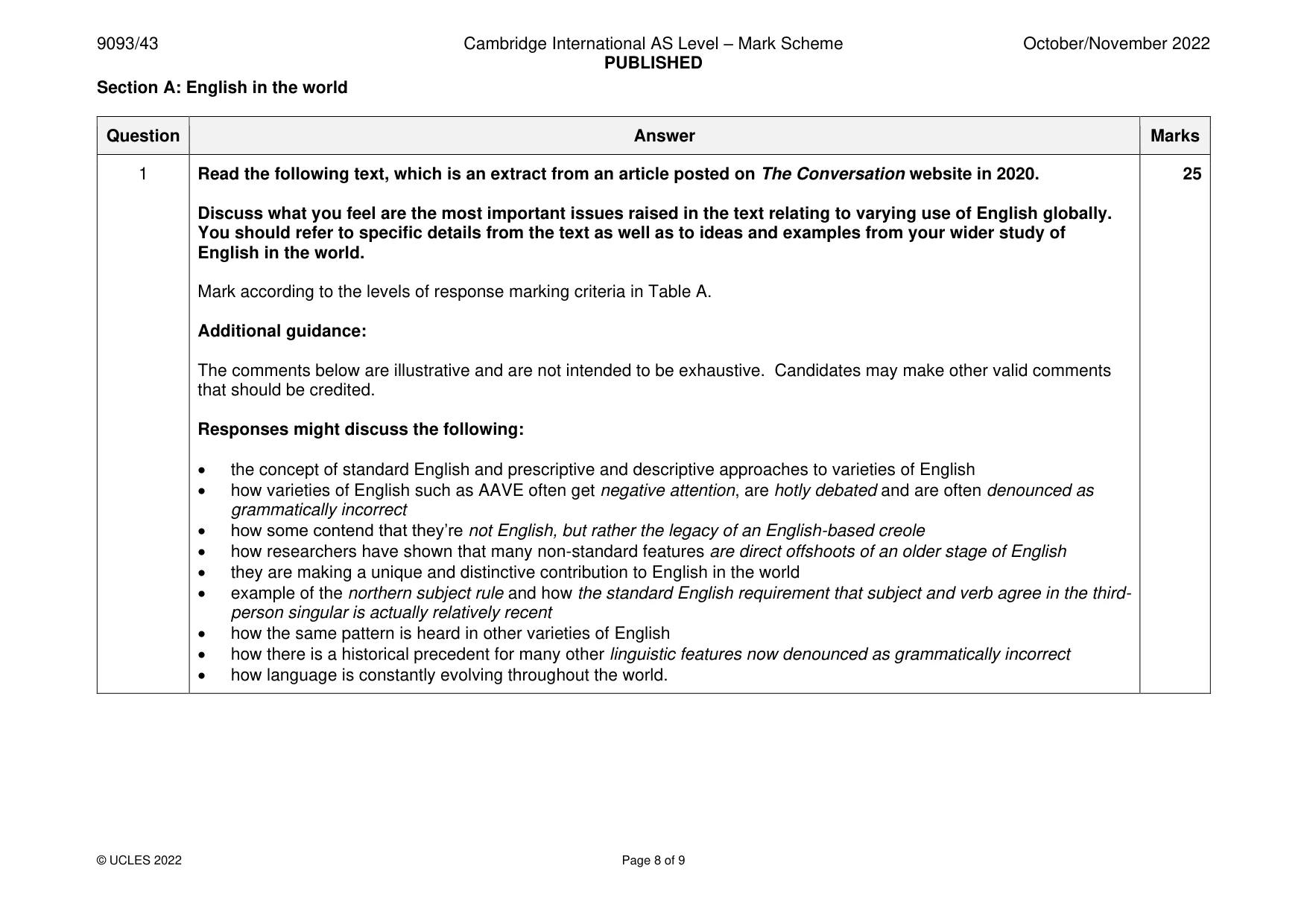 Mark scheme, page 8 of 9