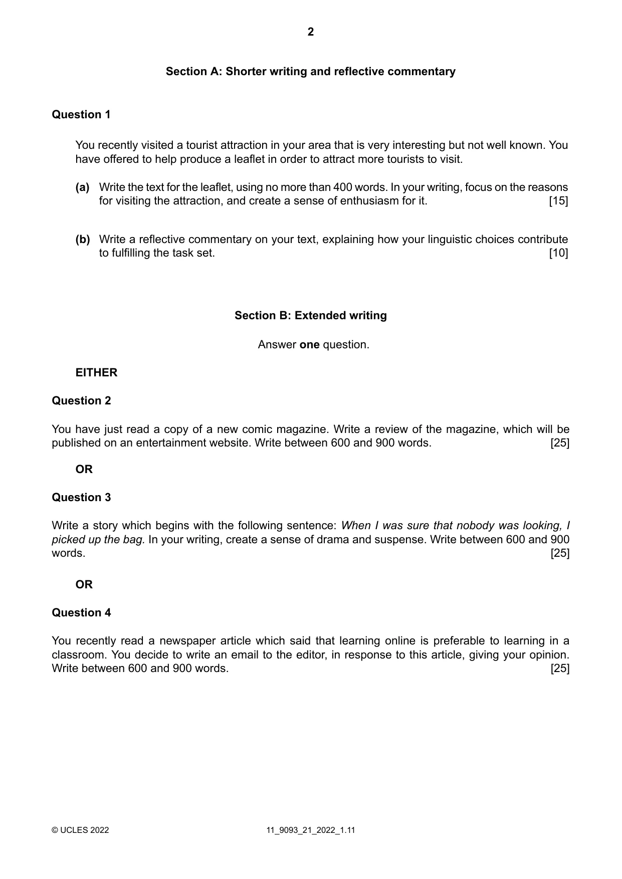 Cambridge A Level English - Language AS and A Level (from 2014) 9093 2022 Oct/Nov Paper 2 · Variant 1 question paper, page 2 of 4
