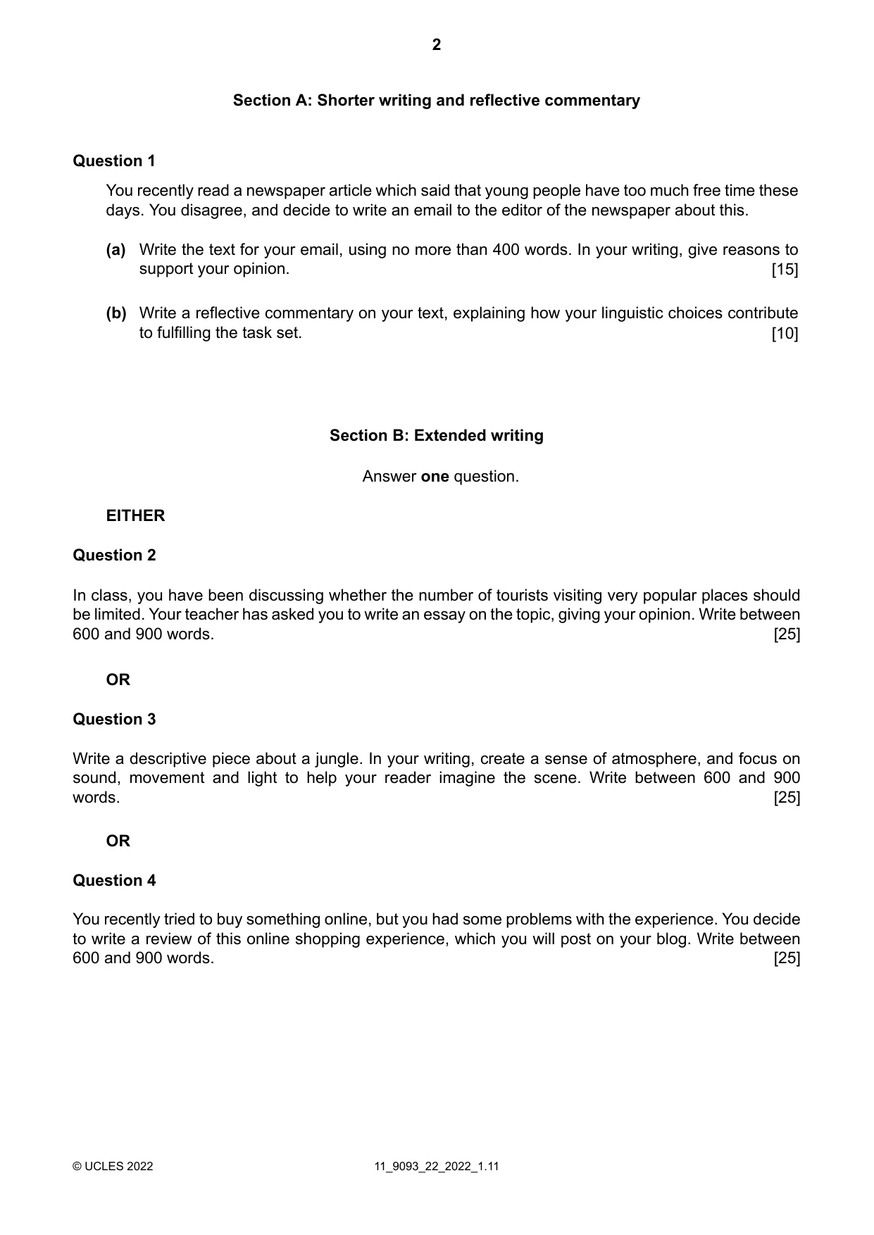 Cambridge A Level English - Language AS and A Level (from 2014) 9093 2022 Oct/Nov Paper 2 · Variant 2 question paper, page 2 of 4