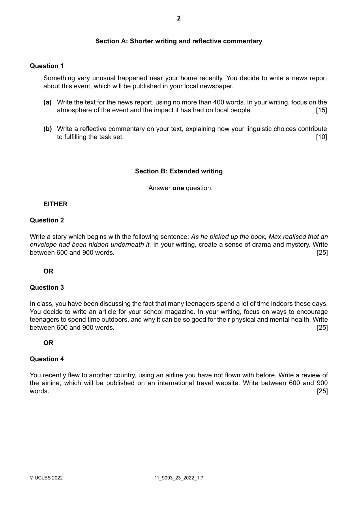 Cambridge A Level English - Language AS and A Level (from 2014) 9093 2022 Oct/Nov Paper 2 · Variant 3 question paper, page 2 of 4