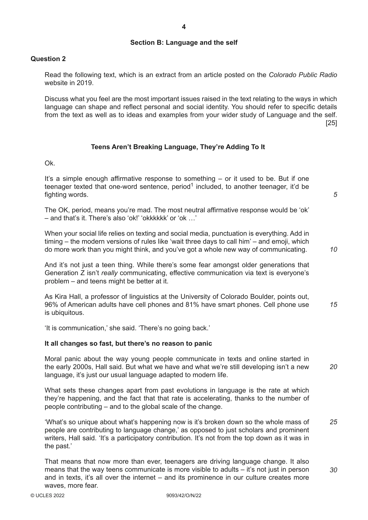 Cambridge A Level English - Language AS and A Level (from 2014) 9093 2022 Oct/Nov Paper 4 · Variant 2 question paper, page 4 of 8
