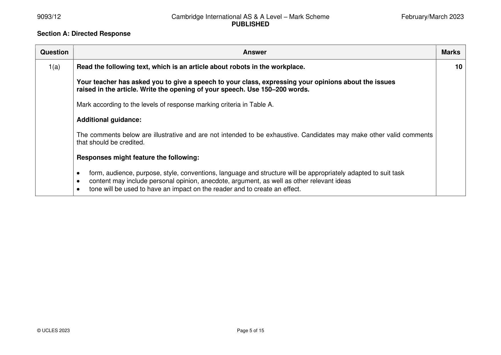 Mark scheme, page 5 of 15