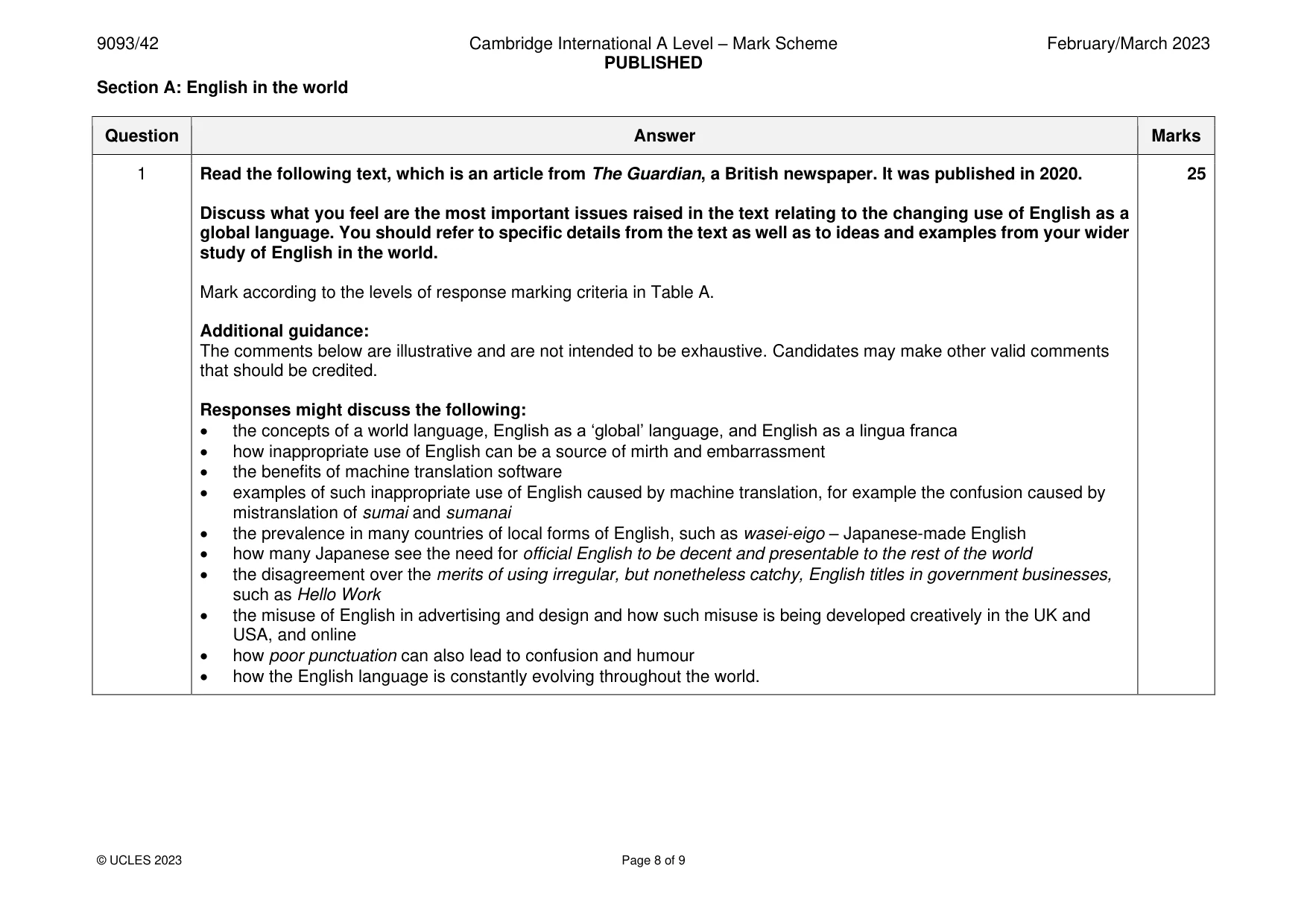 Mark scheme, page 8 of 9