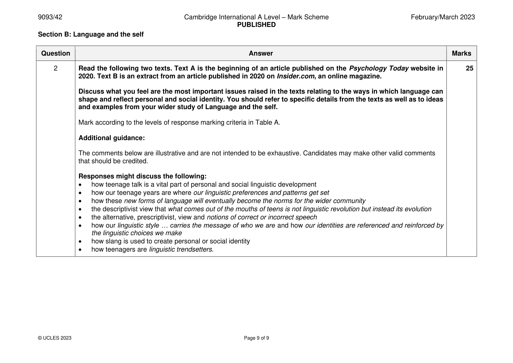 Mark scheme, page 9 of 9