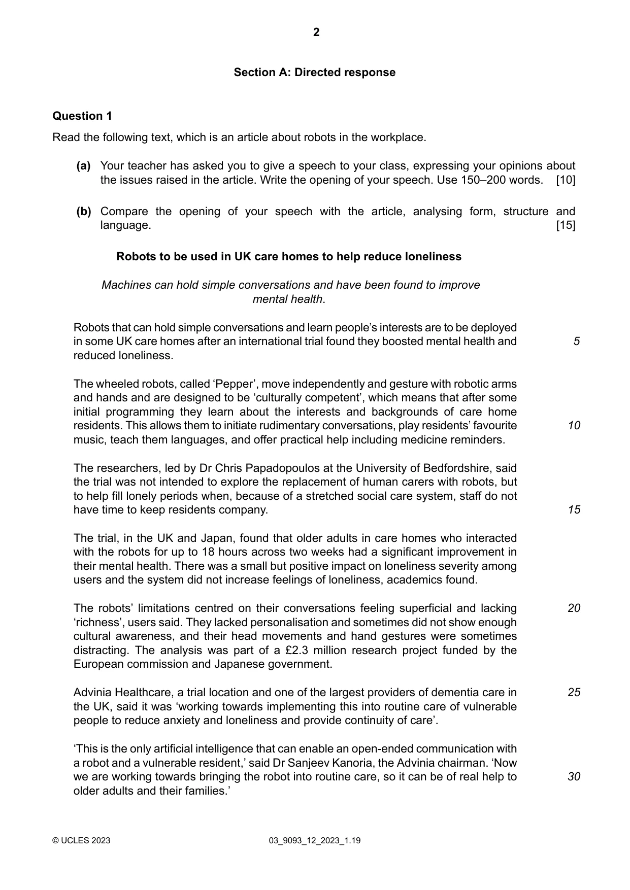 Cambridge A Level English - Language AS and A Level (from 2014) 9093 2023 Feb/March Paper 1 · Variant 2 question paper, page 2 of 8