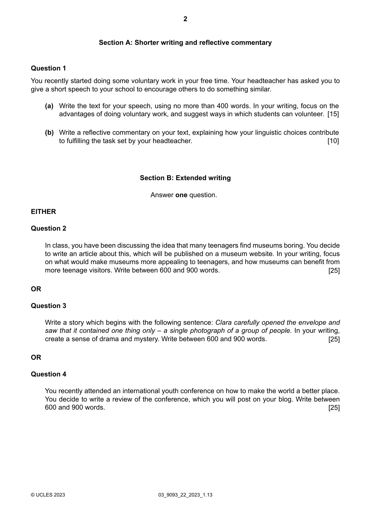 Cambridge A Level English - Language AS and A Level (from 2014) 9093 2023 Feb/March Paper 2 · Variant 2 question paper, page 2 of 4