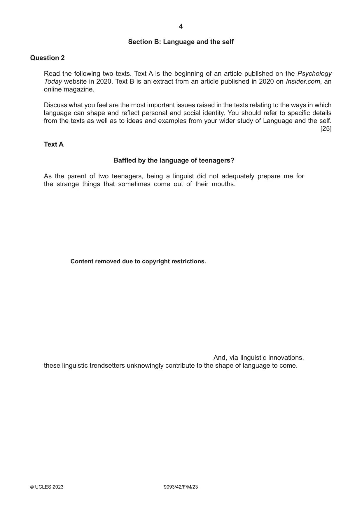 Cambridge A Level English - Language AS and A Level (from 2014) 9093 2023 Feb/March Paper 4 · Variant 2 question paper, page 4 of 8